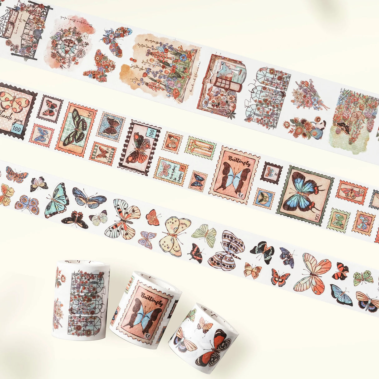 Love butterflies? Obsessed with vintage stamps? This one’s for you. Our Stamped Wings Washi Tape Sticker Set brings together dreamy butterflies, delicate florals, and charming postal vibes — all wrapped up in a washi tape that peels off like stickers! Perfect for decorating letters, journals, planners, or anything else that could use a flutter of whimsy and a sprinkle of nostalgia.

Brand: WT (The Washi Tape Shop)
3 piece washi sticker set
Width: 40mm x 1; 50mm x 1; 60mm x 1
Length: 5 meters