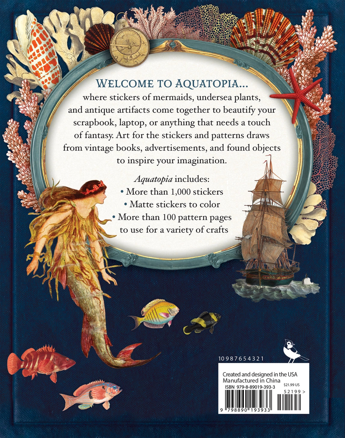 Welcome to Aquatopia where tropical marine plants and coral flourish, lost treasures twinkle on the ocean floor, and sea animals and mermaids reign supreme. Invite magic and whimsy into your life with this rich adult sticker book, filled with curated images from times of yore, the natural world, and the realms beyond.

This sticker book contains more than 1,000 stickers with beautiful vintage images. More than 65 sheets of wood-free matte stickers, excellent for coloring, scrapbooking, decorating letters, a