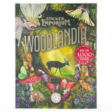 Sticker book cover titled 'Woodlandia' with illustrations of fairies, deer, and nature elements.