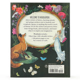 Sticker Emporium: Woodlandia Sticker Book Back cover of a book with illustrations of fairies, animals, and flowers on a black background.