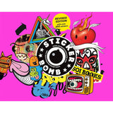 StickerBomb book cover with colorful stickers on a pink background