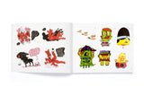 Open book displaying colorful illustrations of various characters on a white background