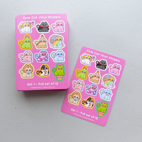 StickyRiceCo - Cute Cat Volume 1 Sticker Sheet

A highly requested item is here! All cat stickers in volumes 1-3 are now available in sticker sheet form! These 4x6 inch matte sticker sheets are waterproof, dishwasher safe, and extremely durable. Each sheet has 12 unique cat stickers! Perfect for cat lovers.

Product Details:

• Size: 4 x 6 inches
• Stickers: 12 kiss cut stickers per sheet
• Material: Matte vinyl
• Features: Waterproof, dishwasher safe, fade and scratch resistant
• Edges: Rounded edges for s