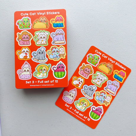 StickyRiceCo - Cute Cat Volume 3 Sticker Sheet

A highly requested item is here! All cat stickers in volumes 1-3 are now available in sticker sheet form! These 4x6 inch matte sticker sheets are waterproof, dishwasher safe, and extremely durable. Each sheet has 12 unique cat stickers! Perfect for cat lovers.

Product Details:

• Size: 4 x 6 inches
• Stickers: 12 kiss cut stickers per sheet
• Material: Matte vinyl
• Features: Waterproof, dishwasher safe, fade and scratch resistant
• Edges: Rounded edges for s