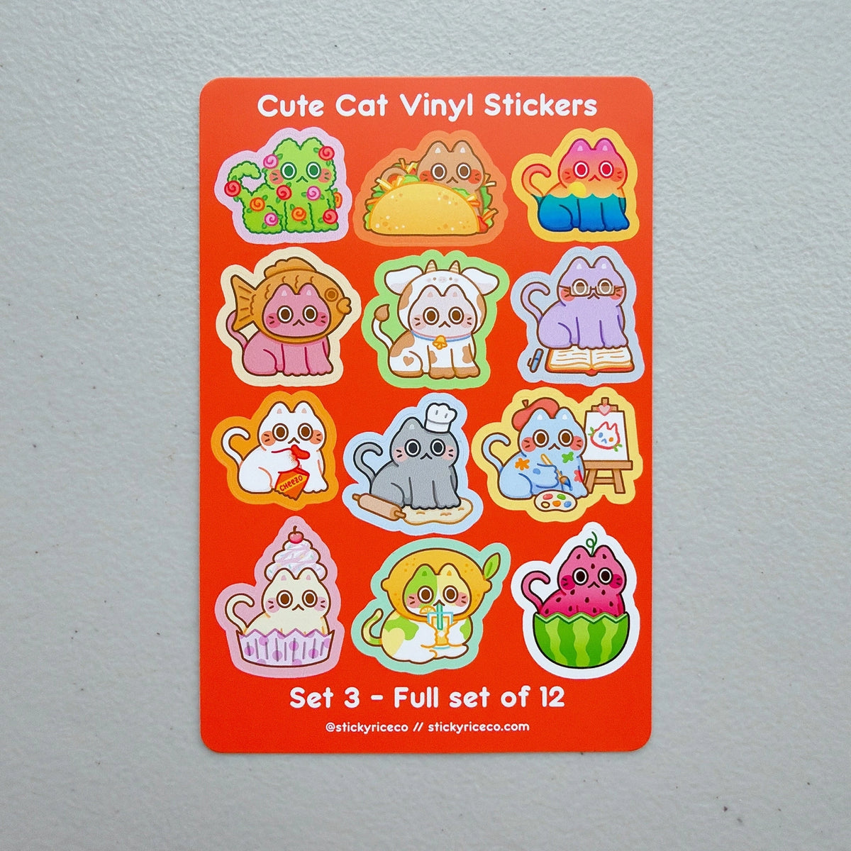 StickyRiceCo - Cute Cat Volume 3 Sticker Sheet

A highly requested item is here! All cat stickers in volumes 1-3 are now available in sticker sheet form! These 4x6 inch matte sticker sheets are waterproof, dishwasher safe, and extremely durable. Each sheet has 12 unique cat stickers! Perfect for cat lovers.

Product Details:

• Size: 4 x 6 inches
• Stickers: 12 kiss cut stickers per sheet
• Material: Matte vinyl
• Features: Waterproof, dishwasher safe, fade and scratch resistant
• Edges: Rounded edges for s