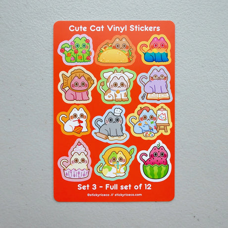StickyRiceCo - Cute Cat Volume 3 Sticker Sheet

A highly requested item is here! All cat stickers in volumes 1-3 are now available in sticker sheet form! These 4x6 inch matte sticker sheets are waterproof, dishwasher safe, and extremely durable. Each sheet has 12 unique cat stickers! Perfect for cat lovers.

Product Details:

• Size: 4 x 6 inches
• Stickers: 12 kiss cut stickers per sheet
• Material: Matte vinyl
• Features: Waterproof, dishwasher safe, fade and scratch resistant
• Edges: Rounded edges for s