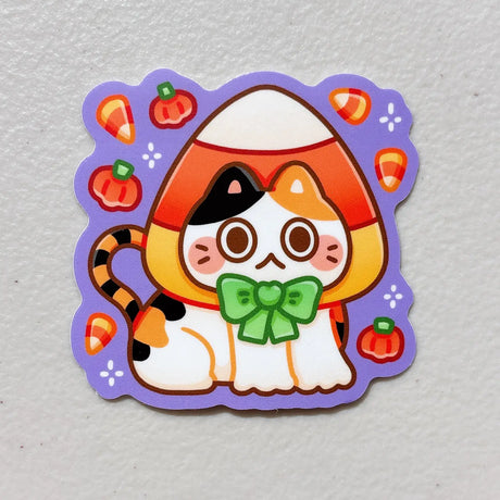 BOO! Halloween cat stickers are back! We've upgraded the designs and increased the number of costumes! Each sticker is available individually or in a set of 9 for a cheaper per each price. These heavy duty waterproof vinyl stickers are perfect for decorating any laptop, water bottle, iPad case, notebook cover, etc.&nbsp;

Details:

Heavy duty vinyl
Waterproof&nbsp;
Candy Corn Cat: 2.7 x 2.7 in