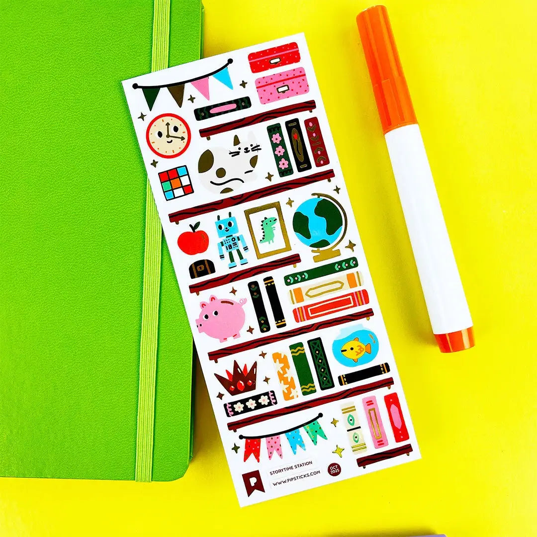 PipStickers are the PERFECT gift for the sticker lover in your life - even if it's you! These unique PVC designs with gold foil accents come on a clear backing and cannot be found anywhere else.

Includes one 3" x 7" sheet of Storytime Station PipStickers and includes the Pipsticks manifesto.
