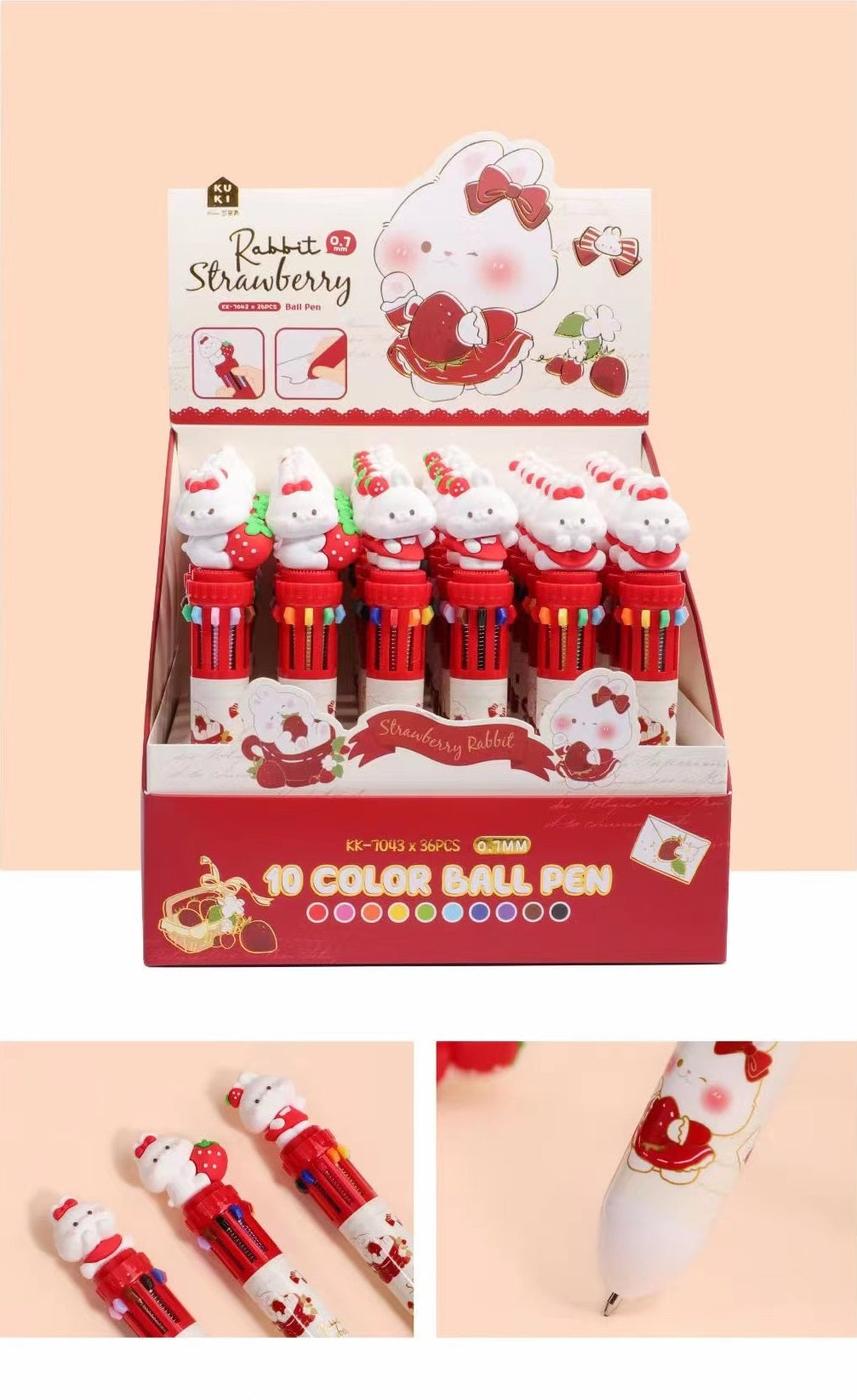 Strawberry Bunny Retractable Ballpoint Pen 0.7mm - 10 Colors