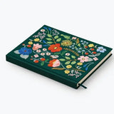 Our embroidered sketchbook is a large, hardcover journal with 108 unlined pages of thick paper perfect for sketching, drawing, and journaling. The cover is wrapped in dark green book cloth and embroidered with our Strawberry Fields florals, and an attached grosgrain ribbon bookmark will save your place.