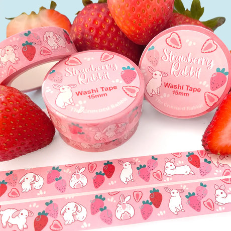 15mm washi tape featuring rabbits and strawberries!

Comes wrapped in protective plastic with sticker label packaging.&nbsp;

Includes 1 roll of washi tape.&nbsp;