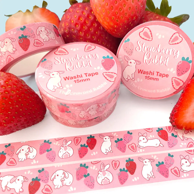 15mm washi tape featuring rabbits and strawberries!

Comes wrapped in protective plastic with sticker label packaging.&nbsp;

Includes 1 roll of washi tape.&nbsp;