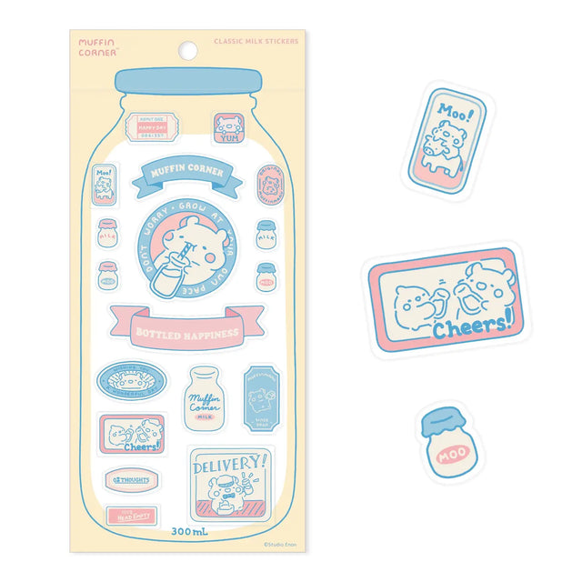 The Classic Milk sticker sheet features Muffinmaru and Devyegg’s happy days at the ranch. A bottle of cute milk themed stickers with retro colors are perfect for decorating your bottles, containers and notebooks. This sticker sheet will bring you back to simpler times and remind you to grow at your own pace.

Dimensions: 3.5" x 7.8" (9cm x 20cm)
Material: PET
Quantity: 1 sheet