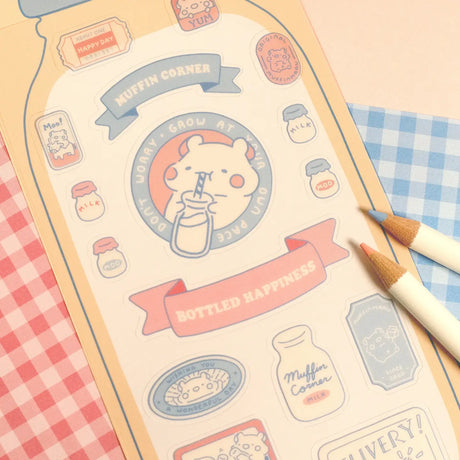 The Classic Milk sticker sheet features Muffinmaru and Devyegg’s happy days at the ranch. A bottle of cute milk themed stickers with retro colors are perfect for decorating your bottles, containers and notebooks. This sticker sheet will bring you back to simpler times and remind you to grow at your own pace.

Dimensions: 3.5" x 7.8" (9cm x 20cm)
Material: PET
Quantity: 1 sheet