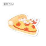 Muffinmaru is getting a midnight snack delivery. Refill your happiness meter with a big pizza. The matte coating on this sticker gives it a premium soft touch and the backing paper is cut for an easy peeling experience.

Dimensions: &nbsp;2.5” x 1.8” (6.5cm x 4.5cm)
Material: PP
Waterproof
Quantity: 1 sticker
