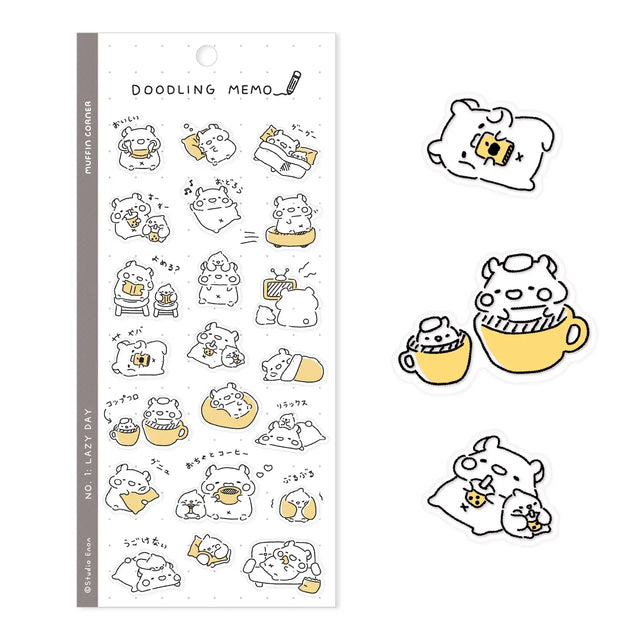 Immerse yourself in the relaxing daily life of Muffinmaru and Devyegg with our Doodling Memo sticker sheet. Featuring loose outlines, these stickers are perfect for adding a touch of charm to your diaries, memos, or notes. This sticker sheet is designed to create a stress-free space. Let these little doodles create a soothing atmosphere wherever you go.&nbsp;

Dimensions: 3.5" x 7.8" (9cm x 20cm)
Material: PET
Quantity: 1 sheet