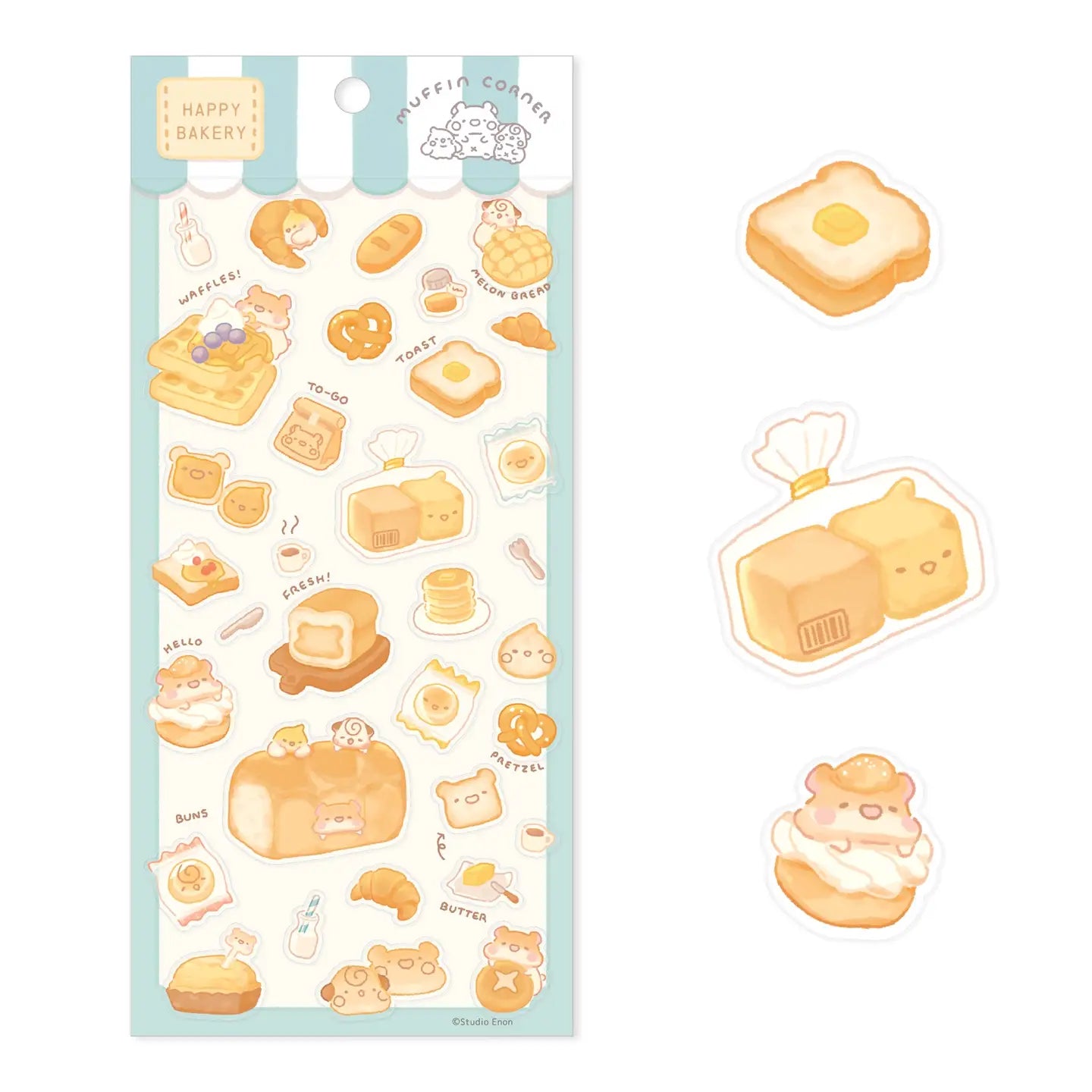 The Happy Bakery sticker collection features Muffinmaru and friends alongside delicious baked goods. This sticker sheet is filled with freshly baked bread, perfect for adding a sprinkle of cuteness to your planner or journal.

Dimensions: 3.5" x 7.8" (9cm x 20cm)
Material: PET
Quantity: 1 sheet