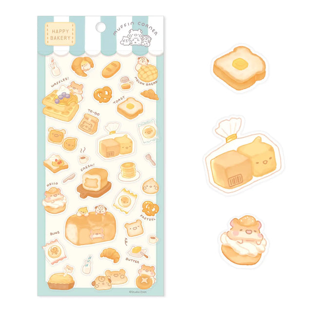 The Happy Bakery sticker collection features Muffinmaru and friends alongside delicious baked goods. This sticker sheet is filled with freshly baked bread, perfect for adding a sprinkle of cuteness to your planner or journal.

Dimensions: 3.5" x 7.8" (9cm x 20cm)
Material: PET
Quantity: 1 sheet