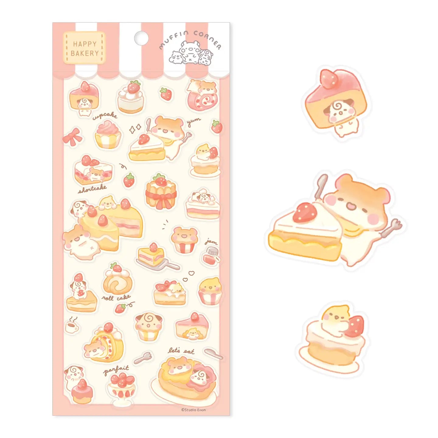 The Happy Bakery sticker collection features Muffinmaru and friends alongside delicious baked goods. This sticker sheet is filled with strawberries and desserts, perfect for adding a sprinkle of cuteness to your planner or journal.

Dimensions: 3.5" x 7.8" (9cm x 20cm)
Material: PET
Quantity: 1 sheet