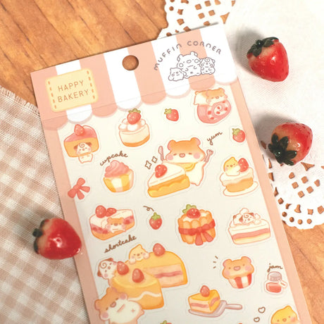 The Happy Bakery sticker collection features Muffinmaru and friends alongside delicious baked goods. This sticker sheet is filled with strawberries and desserts, perfect for adding a sprinkle of cuteness to your planner or journal.

Dimensions: 3.5" x 7.8" (9cm x 20cm)
Material: PET
Quantity: 1 sheet