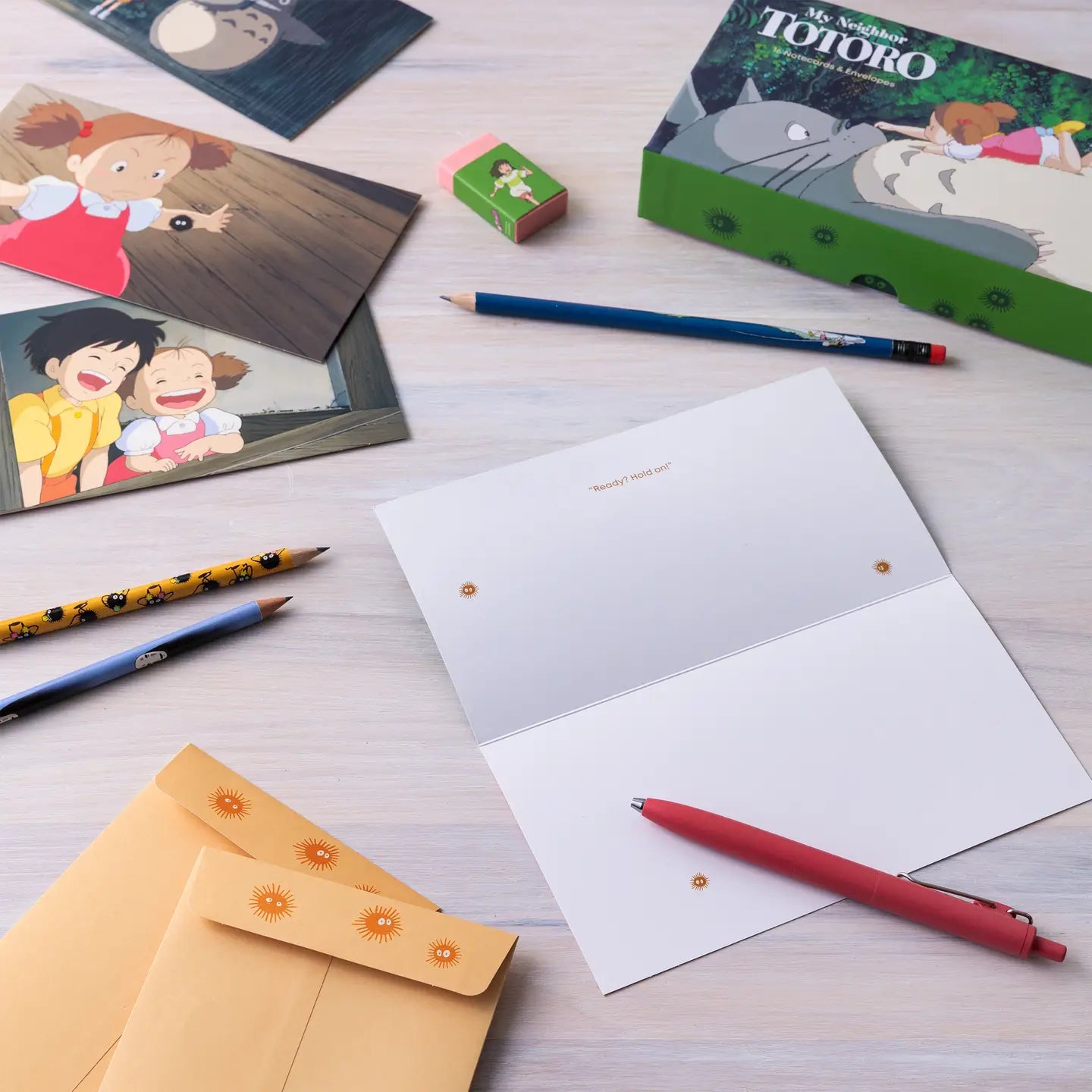 Celebrate friendship and connection with these notecards featuring film stills from My Neighbor Totoro, Studio Ghibli’s animated classic about a family and their adventures with the neighboring forest spirits.

Includes 16 folded cards with full-color artwork (8 designs, repeating twice) and 16 envelopes in a lovely gift box with a pull-off lid.

 © 1988 Hayao Miyazaki/Studio Ghibli