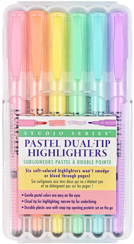 Beautiful pastel highlighters won't smudge or bleed, even through the thinnest of pages! Set of 6 highlighters.

Versatile dual tips. Broad chisel tip for highlighting. Narrow tip for underlining. Uniquely formulated waxy highlighters are bleed- and feather-resistant, even on thin pages in Bibles, magazines, textbooks, and more. Vibrant fluorescent pigment ink.&nbsp;Easy-on-the-eye pastels are perfect for planners, handwritten notes, documents, and so much more!&nbsp;