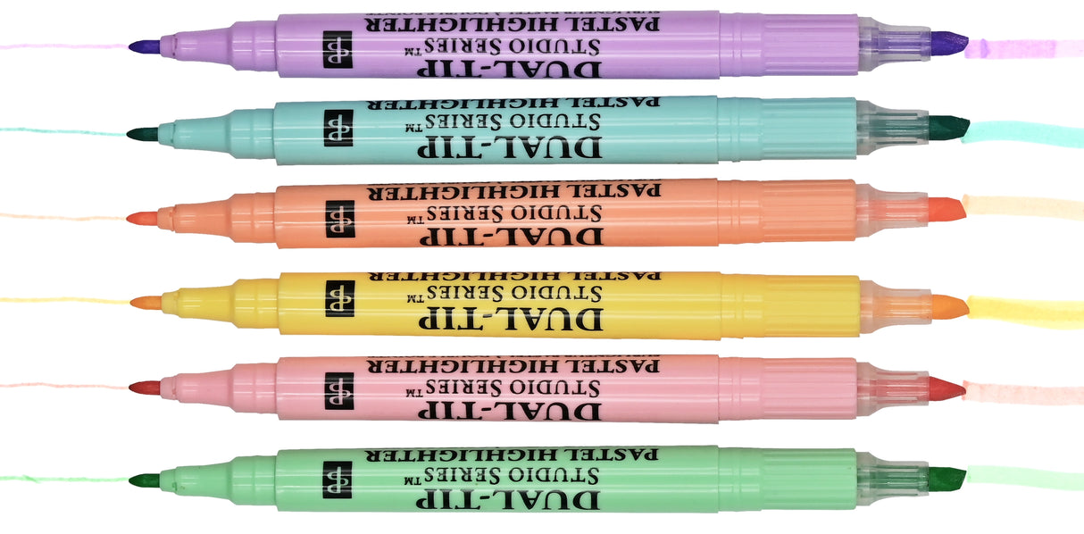 Beautiful pastel highlighters won't smudge or bleed, even through the thinnest of pages! Set of 6 highlighters.

Versatile dual tips. Broad chisel tip for highlighting. Narrow tip for underlining. Uniquely formulated waxy highlighters are bleed- and feather-resistant, even on thin pages in Bibles, magazines, textbooks, and more. Vibrant fluorescent pigment ink.&nbsp;Easy-on-the-eye pastels are perfect for planners, handwritten notes, documents, and so much more!&nbsp;