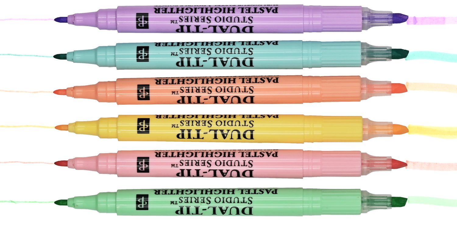 Beautiful pastel highlighters won't smudge or bleed, even through the thinnest of pages! Set of 6 highlighters.

Versatile dual tips. Broad chisel tip for highlighting. Narrow tip for underlining. Uniquely formulated waxy highlighters are bleed- and feather-resistant, even on thin pages in Bibles, magazines, textbooks, and more. Vibrant fluorescent pigment ink.&nbsp;Easy-on-the-eye pastels are perfect for planners, handwritten notes, documents, and so much more!&nbsp;