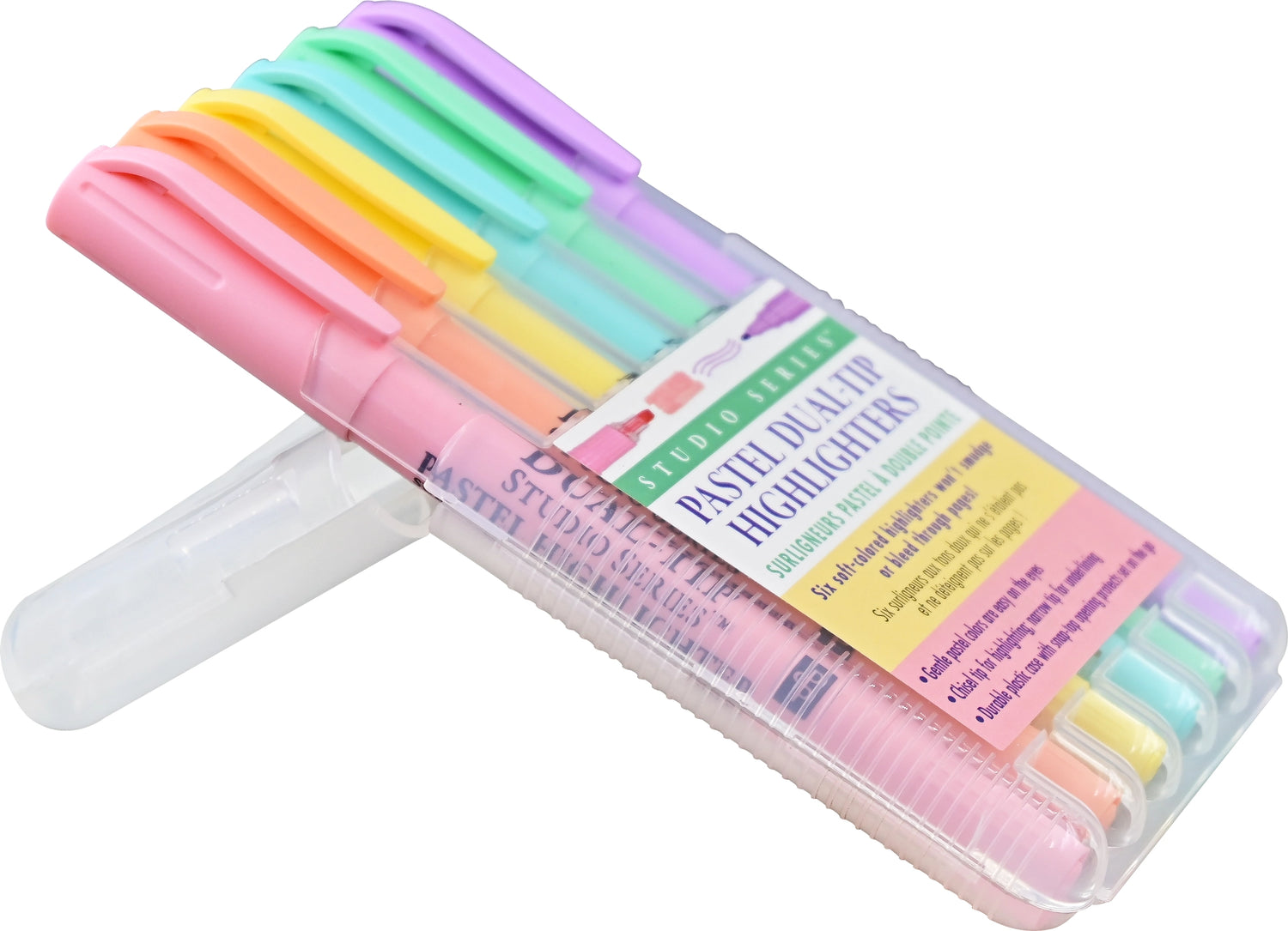 Beautiful pastel highlighters won't smudge or bleed, even through the thinnest of pages! Set of 6 highlighters.

Versatile dual tips. Broad chisel tip for highlighting. Narrow tip for underlining. Uniquely formulated waxy highlighters are bleed- and feather-resistant, even on thin pages in Bibles, magazines, textbooks, and more. Vibrant fluorescent pigment ink.&nbsp;Easy-on-the-eye pastels are perfect for planners, handwritten notes, documents, and so much more!&nbsp;