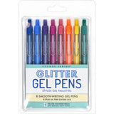 Quick-drying fine-tip gel pens with brilliant glitter colors provide a seamless flow of ink for a flawless writing experience!

Retractable gel pens are perfect for journaling, drawing, crafting, and more!

Smudge-free.
No bleed-through.
Choose from a palette of 8 glitter colors to bring pizzazz to all your creative projects! Purple, dark blue, light blue, yellow, orange, pink, red, and green.
Sparkly, vibrant colors that shimmer!
Precise 1.0 mm nibs.
Ergonomic rubber grip for comfort.
Durable clip provides
