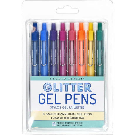 Quick-drying fine-tip gel pens with brilliant glitter colors provide a seamless flow of ink for a flawless writing experience!

Retractable gel pens are perfect for journaling, drawing, crafting, and more!

Smudge-free.
No bleed-through.
Choose from a palette of 8 glitter colors to bring pizzazz to all your creative projects! Purple, dark blue, light blue, yellow, orange, pink, red, and green.
Sparkly, vibrant colors that shimmer!
Precise 1.0 mm nibs.
Ergonomic rubber grip for comfort.
Durable clip provides