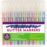 Add sparkle to your art projects with Glitter Markers in 12 dazzling colors!

Ultra-glittery markers! Fine 0.7mm bullet tips. Water-based ink. 12 vibrant colors. Inks look best on light-colored backgrounds.

TO START INK FLOW: Gently shake marker. Uncap. Press tip down against a surface until ink flows to tip, then draw. Recap marker right away when finished.

Each marker measures 5-1/4'' in length.
Set comes in a sturdy plastic storage case that keeps markers safe and organized on the go.
Case measures 6''