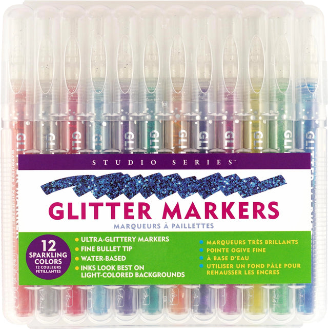 Add sparkle to your art projects with Glitter Markers in 12 dazzling colors!

Ultra-glittery markers! Fine 0.7mm bullet tips. Water-based ink. 12 vibrant colors. Inks look best on light-colored backgrounds.

TO START INK FLOW: Gently shake marker. Uncap. Press tip down against a surface until ink flows to tip, then draw. Recap marker right away when finished.

Each marker measures 5-1/4'' in length.
Set comes in a sturdy plastic storage case that keeps markers safe and organized on the go.
Case measures 6''