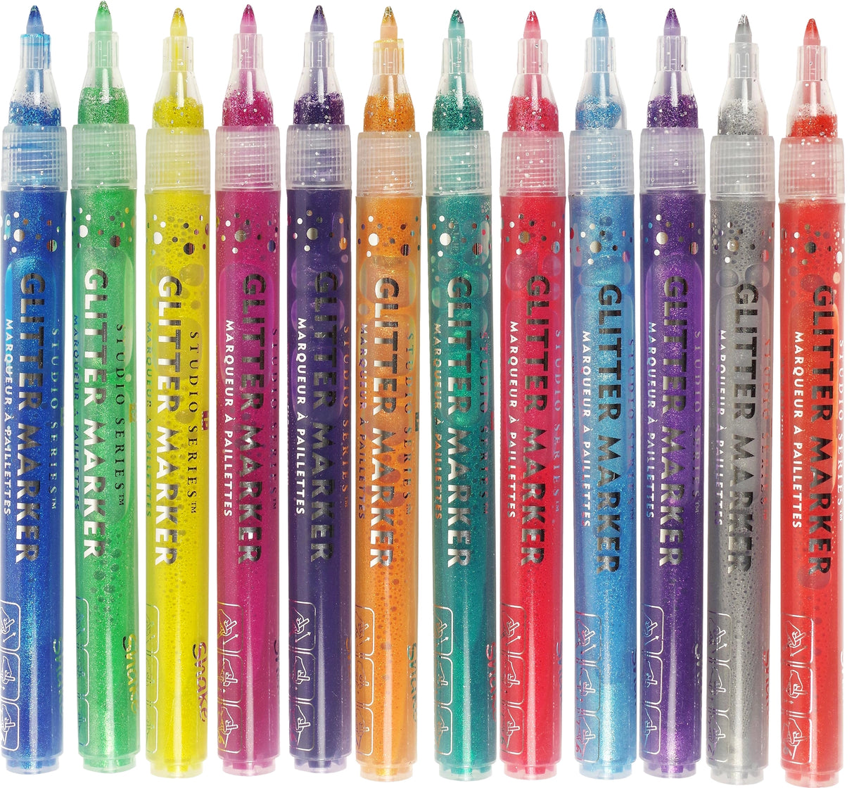 Add sparkle to your art projects with Glitter Markers in 12 dazzling colors!

Ultra-glittery markers! Fine 0.7mm bullet tips. Water-based ink. 12 vibrant colors. Inks look best on light-colored backgrounds.

TO START INK FLOW: Gently shake marker. Uncap. Press tip down against a surface until ink flows to tip, then draw. Recap marker right away when finished.

Each marker measures 5-1/4'' in length.
Set comes in a sturdy plastic storage case that keeps markers safe and organized on the go.
Case measures 6''