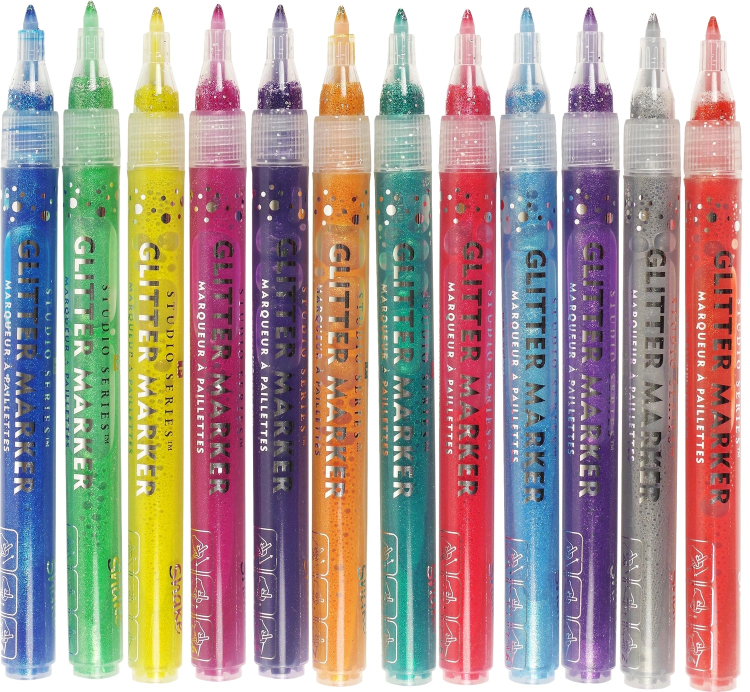 Add sparkle to your art projects with Glitter Markers in 12 dazzling colors!

Ultra-glittery markers! Fine 0.7mm bullet tips. Water-based ink. 12 vibrant colors. Inks look best on light-colored backgrounds.

TO START INK FLOW: Gently shake marker. Uncap. Press tip down against a surface until ink flows to tip, then draw. Recap marker right away when finished.

Each marker measures 5-1/4'' in length.
Set comes in a sturdy plastic storage case that keeps markers safe and organized on the go.
Case measures 6''