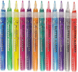 Add sparkle to your art projects with Glitter Markers in 12 dazzling colors!

Ultra-glittery markers! Fine 0.7mm bullet tips. Water-based ink. 12 vibrant colors. Inks look best on light-colored backgrounds.

TO START INK FLOW: Gently shake marker. Uncap. Press tip down against a surface until ink flows to tip, then draw. Recap marker right away when finished.

Each marker measures 5-1/4'' in length.
Set comes in a sturdy plastic storage case that keeps markers safe and organized on the go.
Case measures 6''