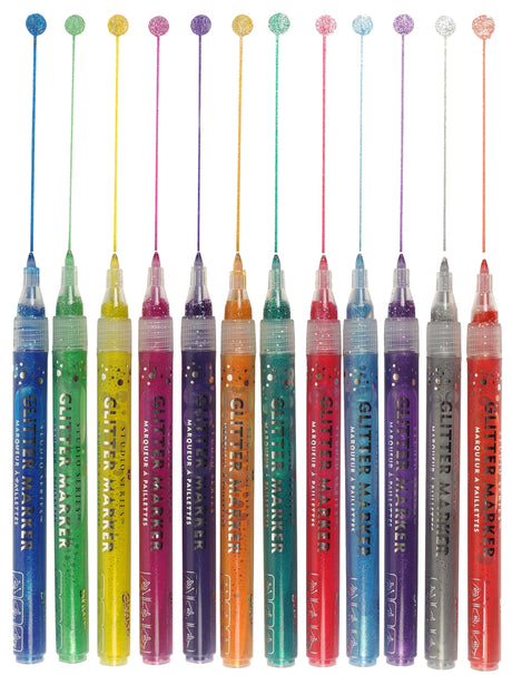 Add sparkle to your art projects with Glitter Markers in 12 dazzling colors!

Ultra-glittery markers! Fine 0.7mm bullet tips. Water-based ink. 12 vibrant colors. Inks look best on light-colored backgrounds.

TO START INK FLOW: Gently shake marker. Uncap. Press tip down against a surface until ink flows to tip, then draw. Recap marker right away when finished.

Each marker measures 5-1/4'' in length.
Set comes in a sturdy plastic storage case that keeps markers safe and organized on the go.
Case measures 6''