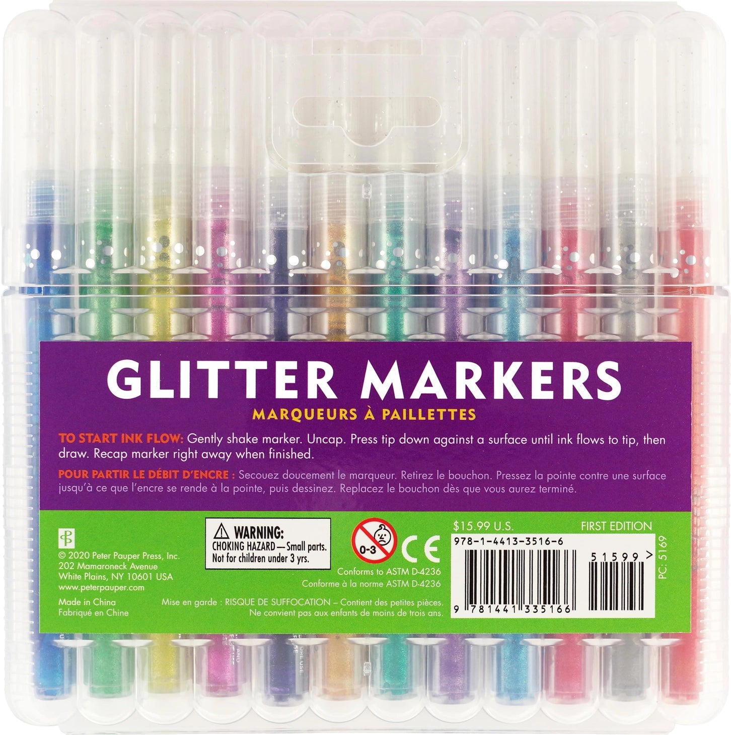 Add sparkle to your art projects with Glitter Markers in 12 dazzling colors!

Ultra-glittery markers! Fine 0.7mm bullet tips. Water-based ink. 12 vibrant colors. Inks look best on light-colored backgrounds.

TO START INK FLOW: Gently shake marker. Uncap. Press tip down against a surface until ink flows to tip, then draw. Recap marker right away when finished.

Each marker measures 5-1/4'' in length.
Set comes in a sturdy plastic storage case that keeps markers safe and organized on the go.
Case measures 6''