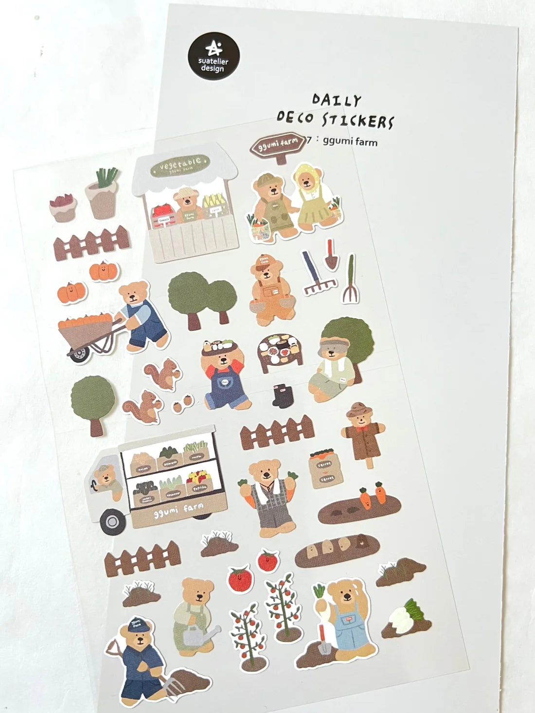 Suatelier - Ggumi Farm Sticker Sheet

The Ggumi Farm sticker sheet from Suatelier captures the charm of farming and the inviting atmosphere of your favorite neighborhood market. Known for their soft colors and playful aesthetic, Suatelier stickers add an instant dose of warmth and whimsy wherever you place them.

Package measures approx. 8" x 3.5"
Includes 1 sticker sheet