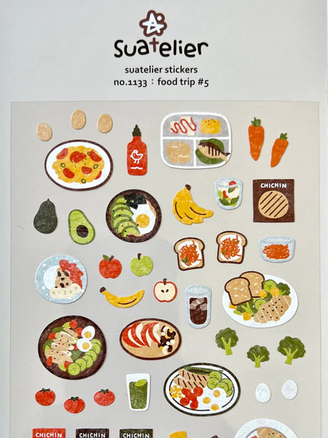 Bring delicious charm to your journal, planner, or happy mail with the Food Trip #5 sticker sheet from Suatelier. Packed with adorable food illustrations and cozy snack‑time moments, this sheet captures the joy of eating well and savoring the little things. Known for their soft colors and playful aesthetic, Suatelier stickers add an instant dose of warmth and whimsy wherever you place them.

Package measures approx. 8" x 3.5"
Includes 1 sticker sheet