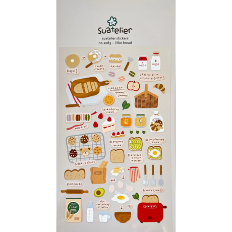 Celebrate the simple joy of fresh‑baked goodness with the I Like Bread sticker sheet from Suatelier. This sticker sheet is filled with adorable illustrations of loaves, pastries, and cozy bakery moments. Known for their soft colors and playful aesthetic, Suatelier stickers add an instant dose of warmth and whimsy wherever you place them.

Package measures approx. 8" x 3.5"
Includes 1 sticker sheet