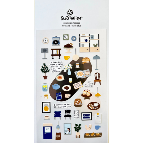 Bring the calm, cozy charm of a quiet café into your journal or planner with the Cafe Blue sticker sheet from Suatelier. Featuring soft blue tones and whimsical illustrations, this sheet captures the peaceful mood of slow mornings, warm drinks, and gentle everyday moments. Known for their soft colors and playful aesthetic, Suatelier stickers add an instant dose of warmth and whimsy wherever you place them.

Package measures approx. 8" x 3.5"
Includes 1 sticker sheet