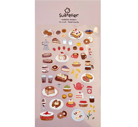 Celebrate your love of delicious eats with the Food Trip #4 sticker sheet from Suatelier. Filled with charming illustrations of tasty treats and foodie moments. Known for their soft colors and playful aesthetic, Suatelier stickers add an instant dose of warmth and whimsy wherever you place them.

• This package includes 1&nbsp;sheet of sticker
• Package measures approx. 8" x 3.5"