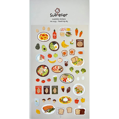 Bring delicious charm to your journal, planner, or happy mail with the Food Trip #5 sticker sheet from Suatelier. Packed with adorable food illustrations and cozy snack‑time moments, this sheet captures the joy of eating well and savoring the little things. Known for their soft colors and playful aesthetic, Suatelier stickers add an instant dose of warmth and whimsy wherever you place them.

Package measures approx. 8" x 3.5"
Includes 1 sticker sheet
