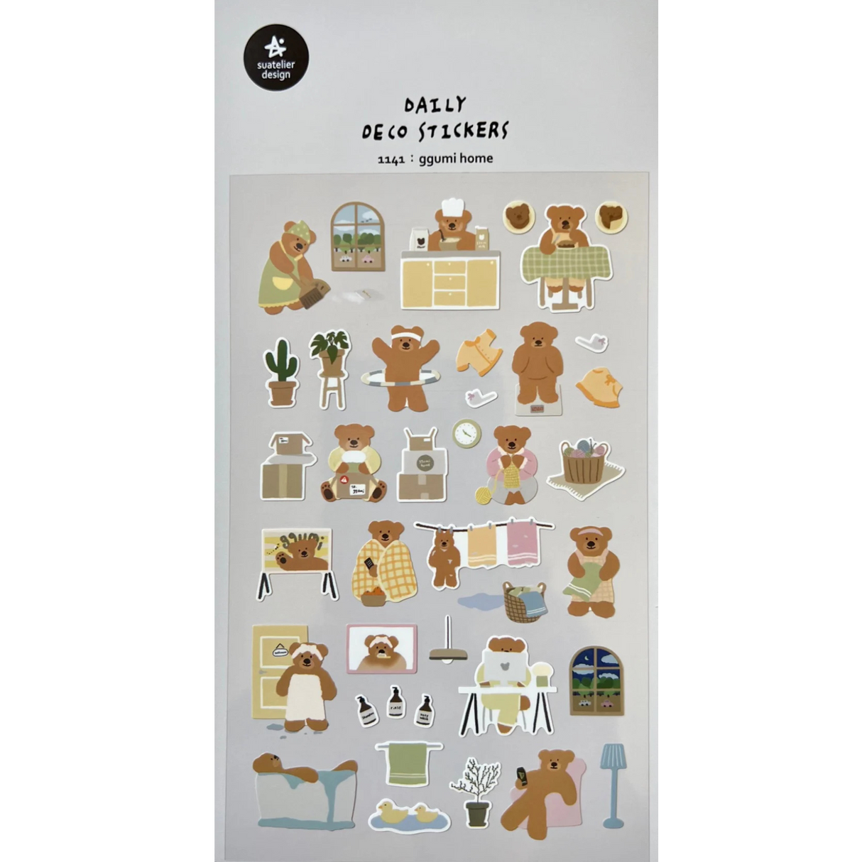 Bring cozy home vibes to your journal, planner, or creative projects with the Ggumi Home sticker sheet from Suatelier. This sheet is filled with warm, playful illustrations inspired by everyday home life. Known for their soft colors and playful aesthetic, Suatelier stickers add an instant dose of warmth and whimsy wherever you place them.

• This package includes 1&nbsp;sheet of sticker
• Package measures approx. 8" x 3.5"