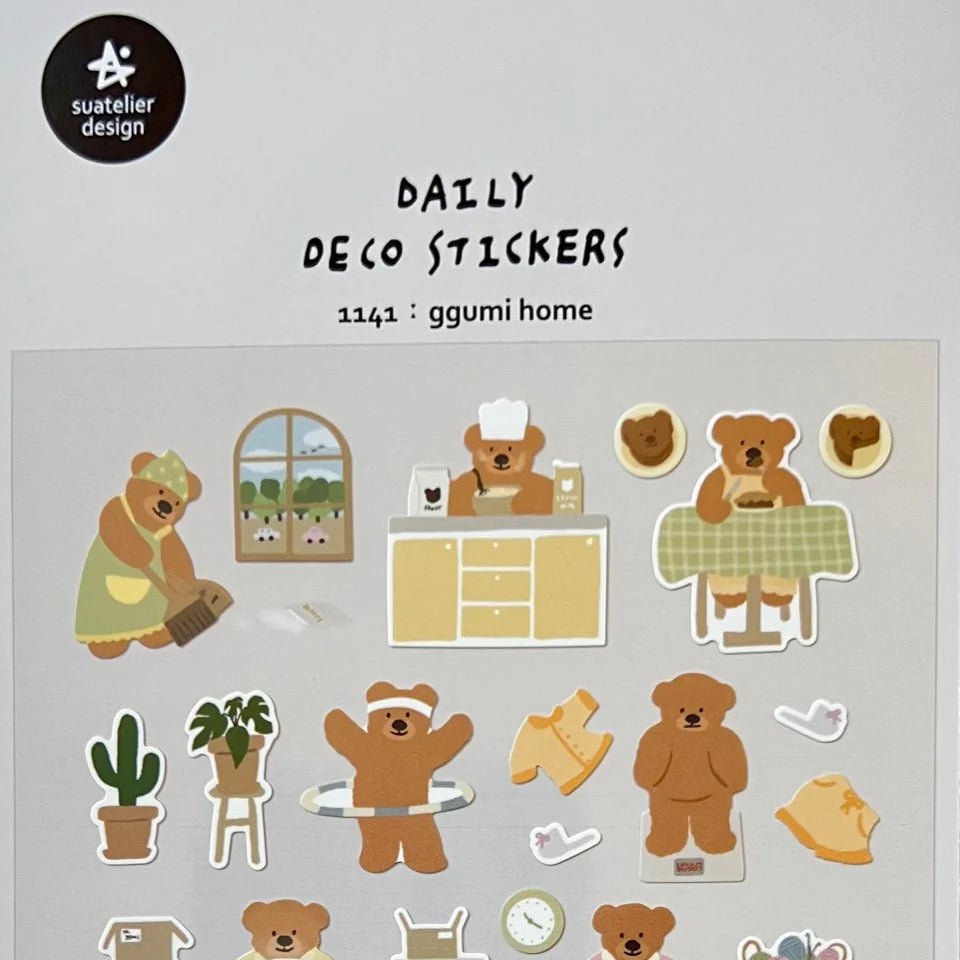 Bring cozy home vibes to your journal, planner, or creative projects with the Ggumi Home sticker sheet from Suatelier. This sheet is filled with warm, playful illustrations inspired by everyday home life. Known for their soft colors and playful aesthetic, Suatelier stickers add an instant dose of warmth and whimsy wherever you place them.

• This package includes 1&nbsp;sheet of sticker
• Package measures approx. 8" x 3.5"