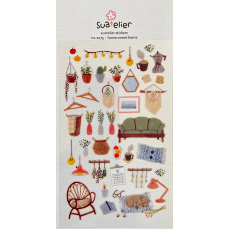 Bring warmth and cozy charm to your journal, planner, or happy mail with the Home Sweet Home sticker sheet from Suatelier. Known for their soft colors and playful aesthetic, Suatelier stickers add an instant dose of warmth and whimsy wherever you place them.

Package measures approx. 8" x 3.5"
Includes 1 sticker sheet