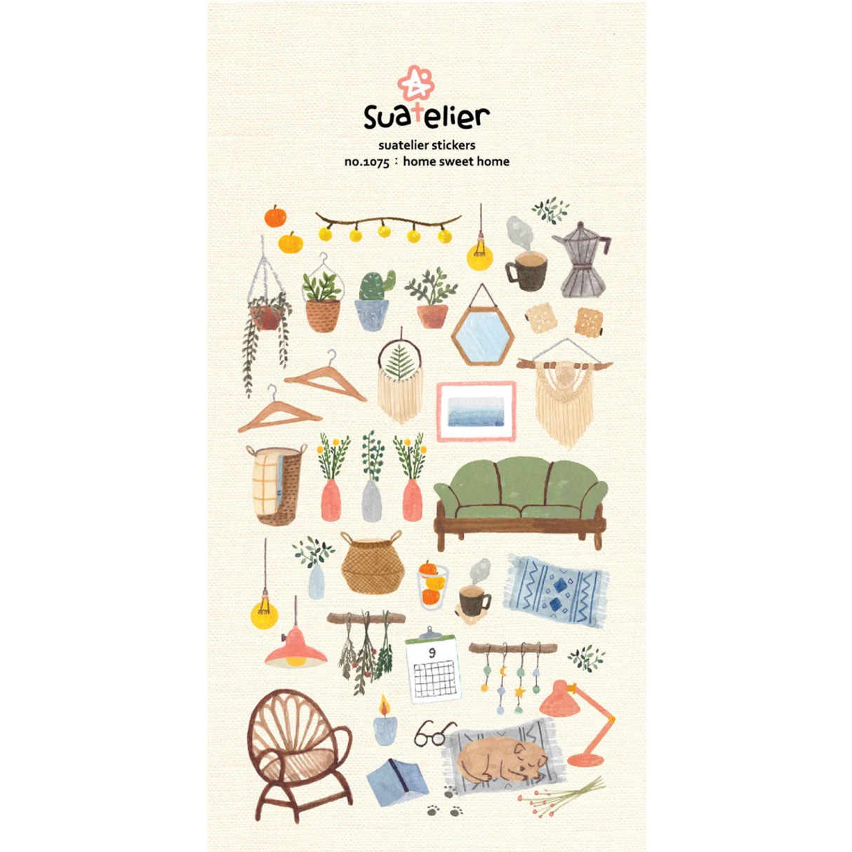 Bring warmth and cozy charm to your journal, planner, or happy mail with the Home Sweet Home sticker sheet from Suatelier. Known for their soft colors and playful aesthetic, Suatelier stickers add an instant dose of warmth and whimsy wherever you place them.

Package measures approx. 8" x 3.5"
Includes 1 sticker sheet