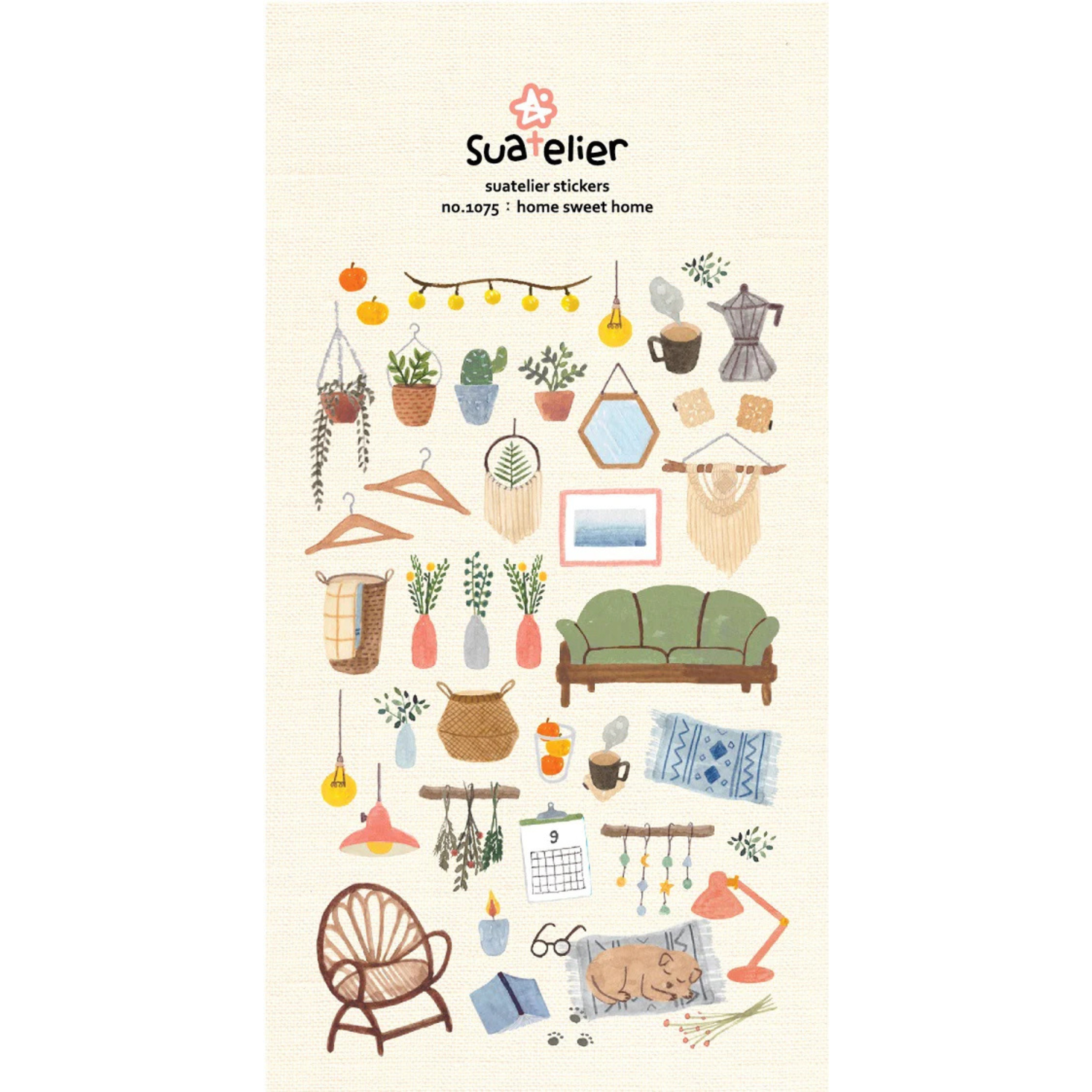 Bring warmth and cozy charm to your journal, planner, or happy mail with the Home Sweet Home sticker sheet from Suatelier. Known for their soft colors and playful aesthetic, Suatelier stickers add an instant dose of warmth and whimsy wherever you place them.

Package measures approx. 8" x 3.5"
Includes 1 sticker sheet