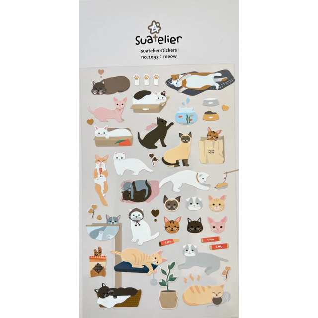Bring a burst of playful kitty charm to your journal, planner, or happy mail with the Meow sticker sheet from Suatelier. Featuring adorable cat illustrations in soft, cozy colors, this sheet captures all the sweet, silly moments that make cats so lovable. Known for their soft colors and playful aesthetic, Suatelier stickers add an instant dose of warmth and whimsy wherever you place them.

Package measures approx. 8" x 3.5"
Includes 1 sticker sheet